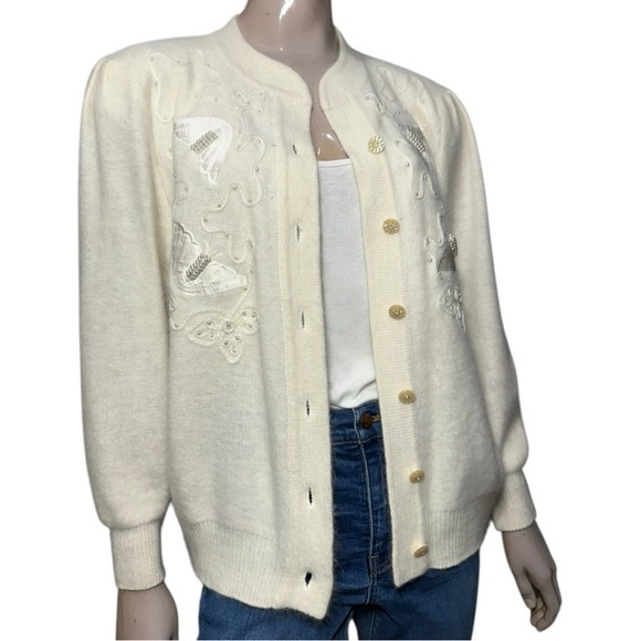 Vintage L Xl Cream Ivory Bead Butterfly Embroidered Angora Knit Cardigan Sweater